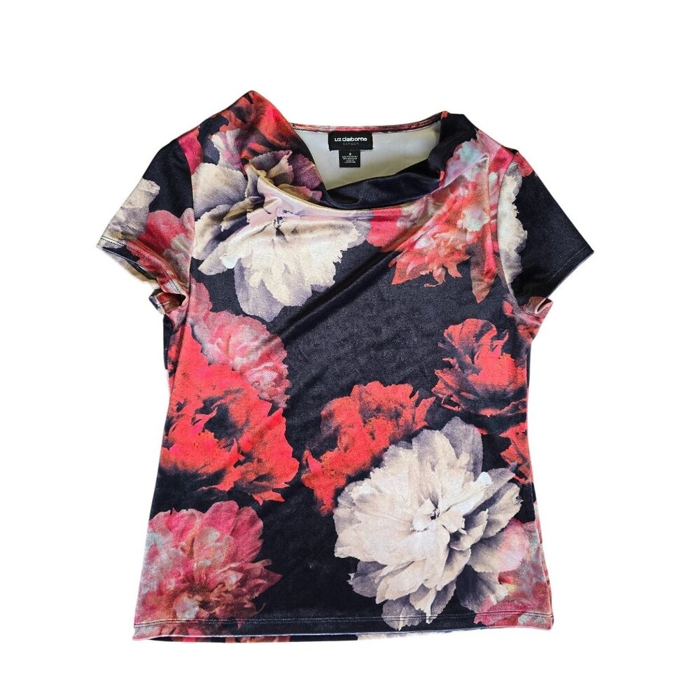Liz Claiborne Women’s Floral Print Short Sleeve Top Multicolor S Polyester